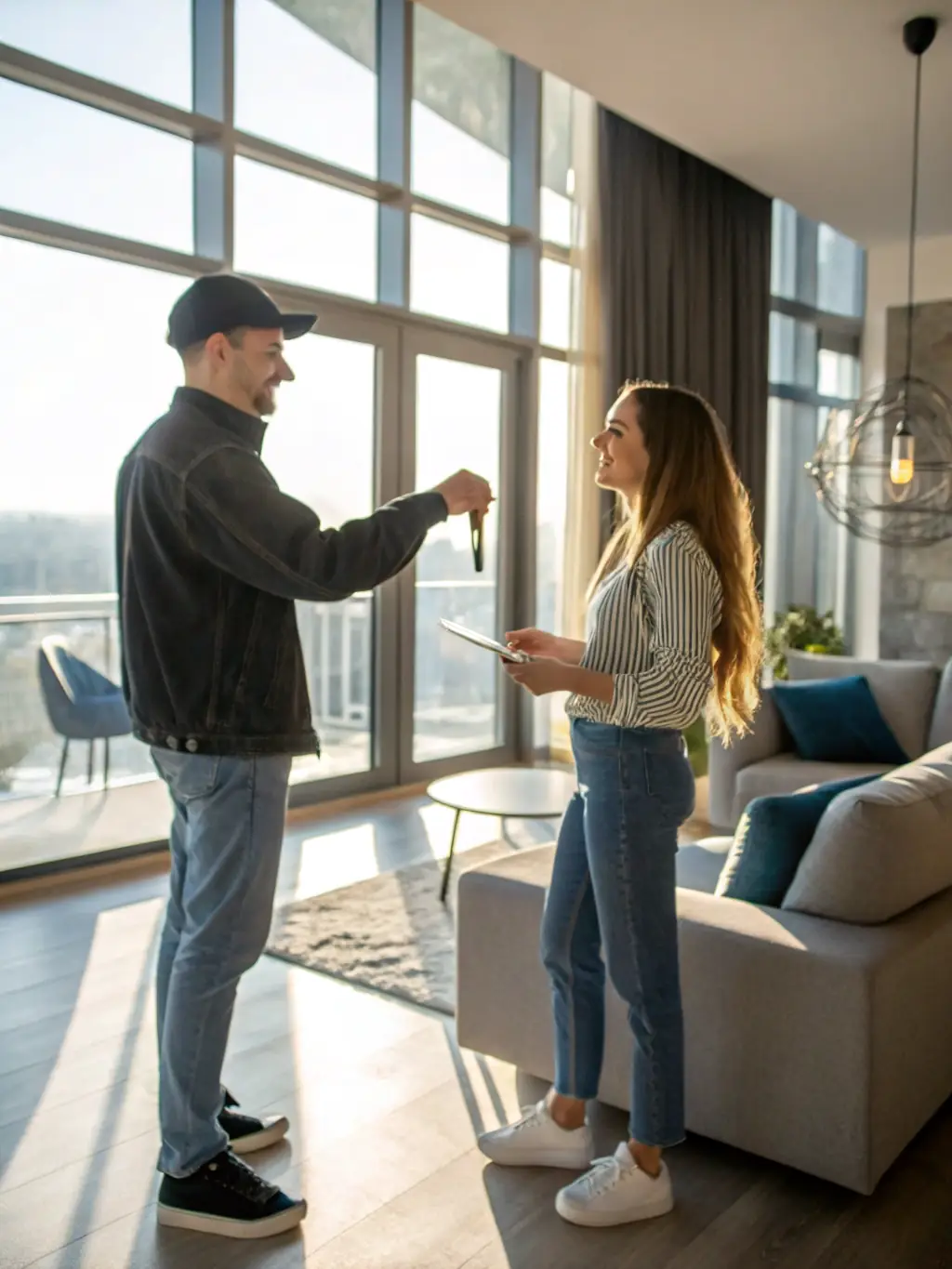 A graphic illustrating a stress-free person handing over keys, representing a smooth transaction.